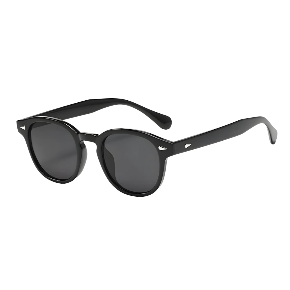Round sunglasses with black frame and black lenses, side angle — HARO Antibes 1923