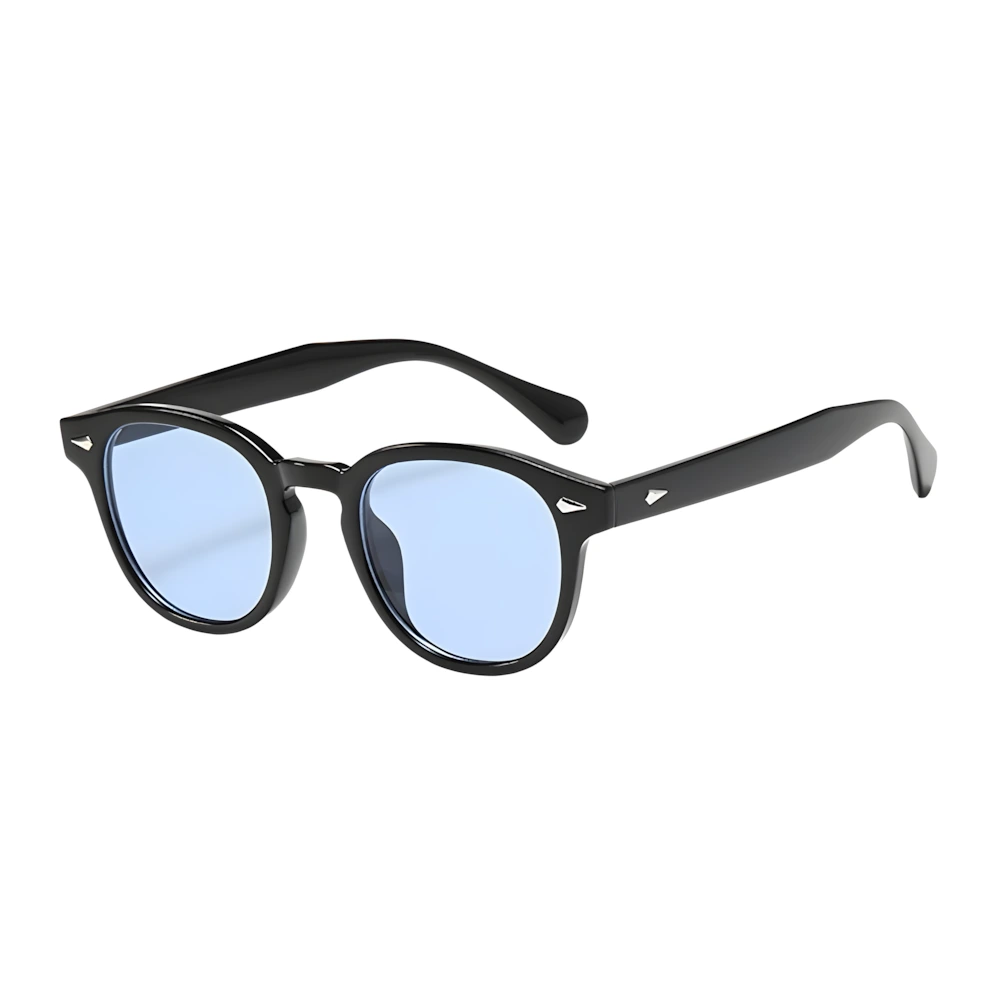 Round sunglasses with black frame and blue lenses, side angle — HARO Antibes 1923