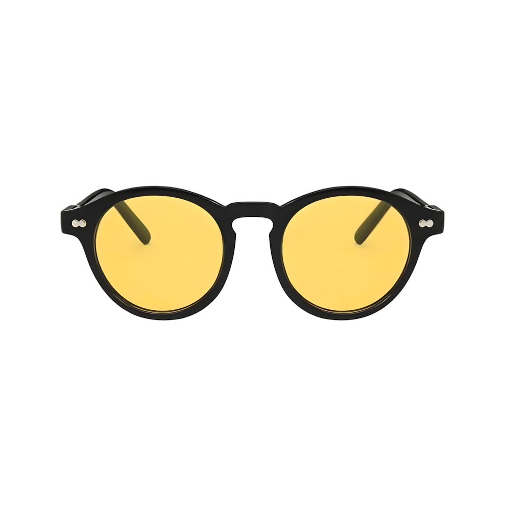 Round acetate sunglasses with black frame and yellow polarized lenses, front view — HARO Bordighera Liguria