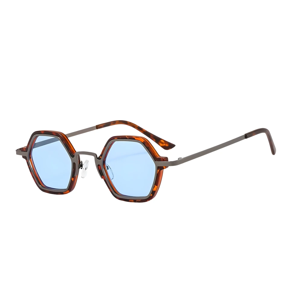 Hexagonal sunglasses with tortoise frame and blue lenses, side angle — HARO Cap-Ferrat 1925