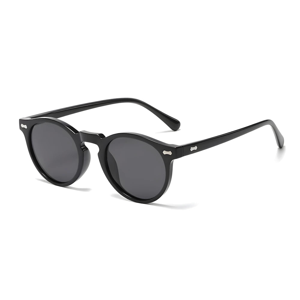 Round sunglasses with black frame and black lenses, side angle — HARO Ravello Infinity