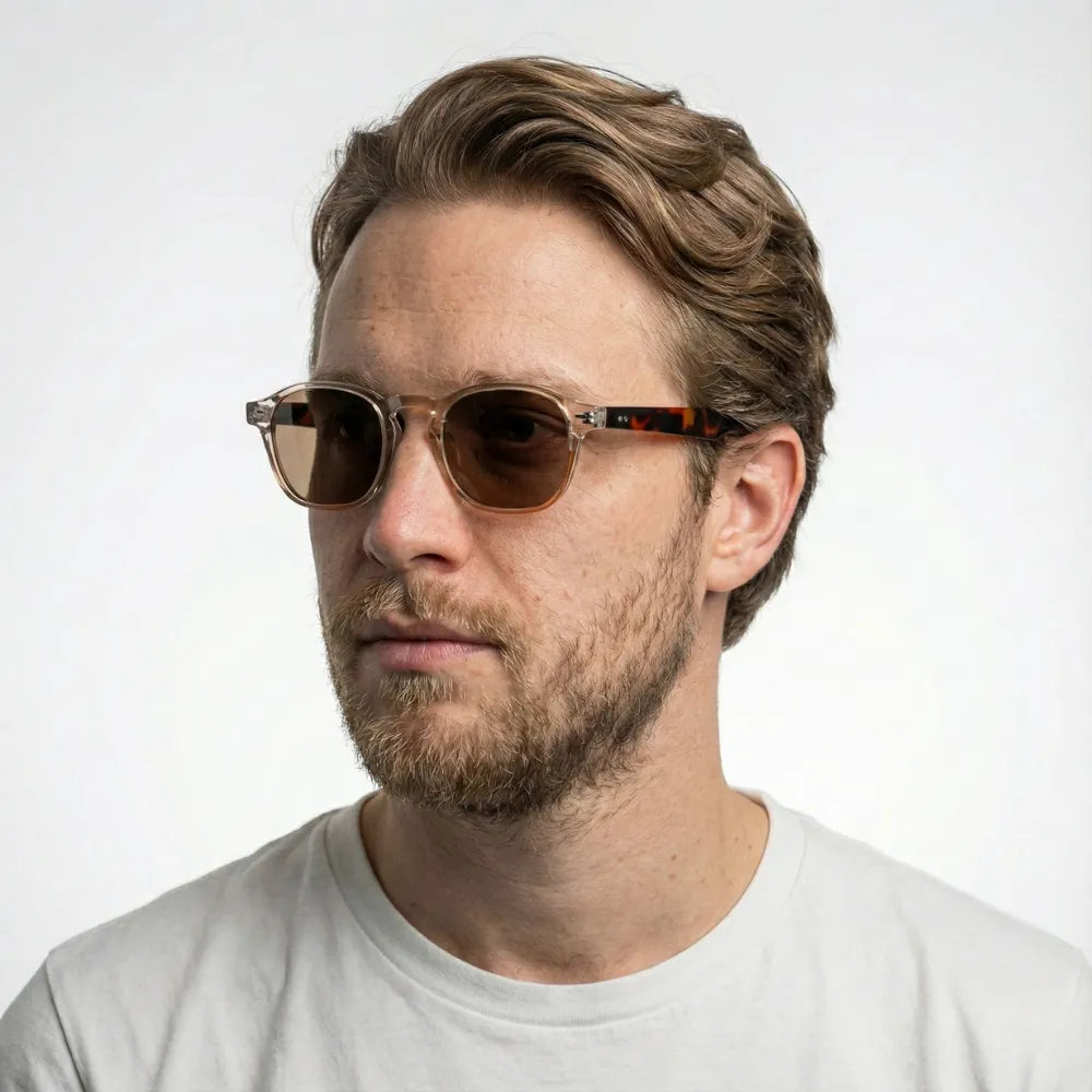 Translucent acetate square sunglasses, model portrait — HARO Riviera 1962
