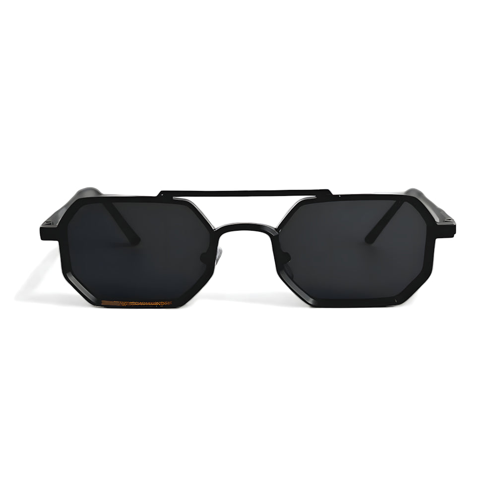 Hexagonal aviator sunglasses with black frame and black polarized lenses, front view — HARO Sorrento Grand Tour