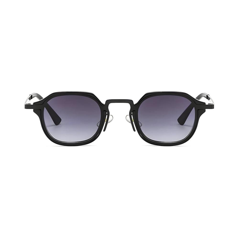 Small round metal sunglasses with black frame and purple gradient lenses, front view — HARO St. Tropez '56