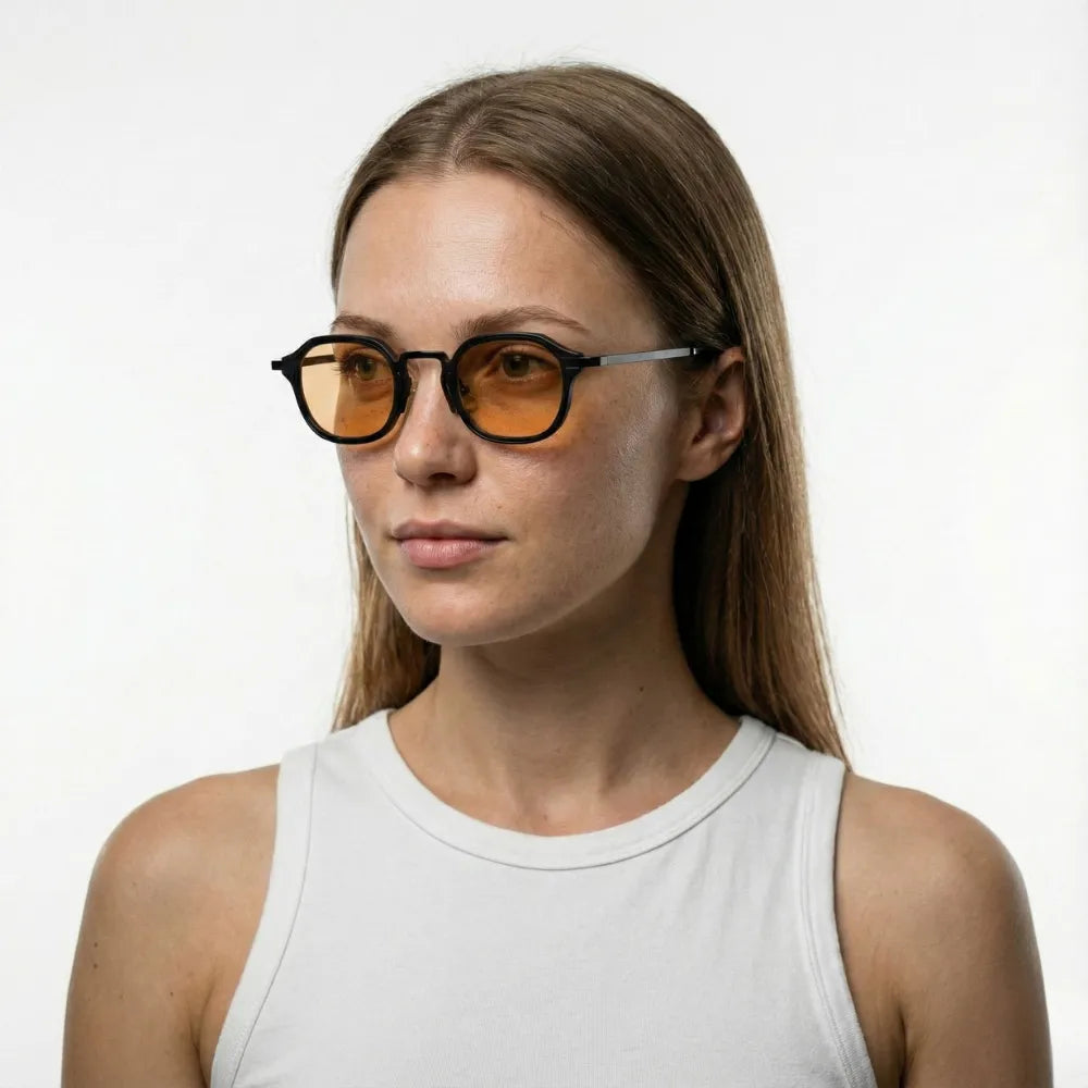 Small round metal sunglasses, close-up detail — HARO St. Tropez '56