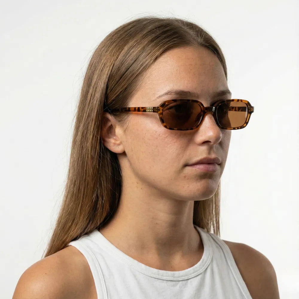 Rectangular acetate sunglasses, model portrait — HARO Amalfi Sails