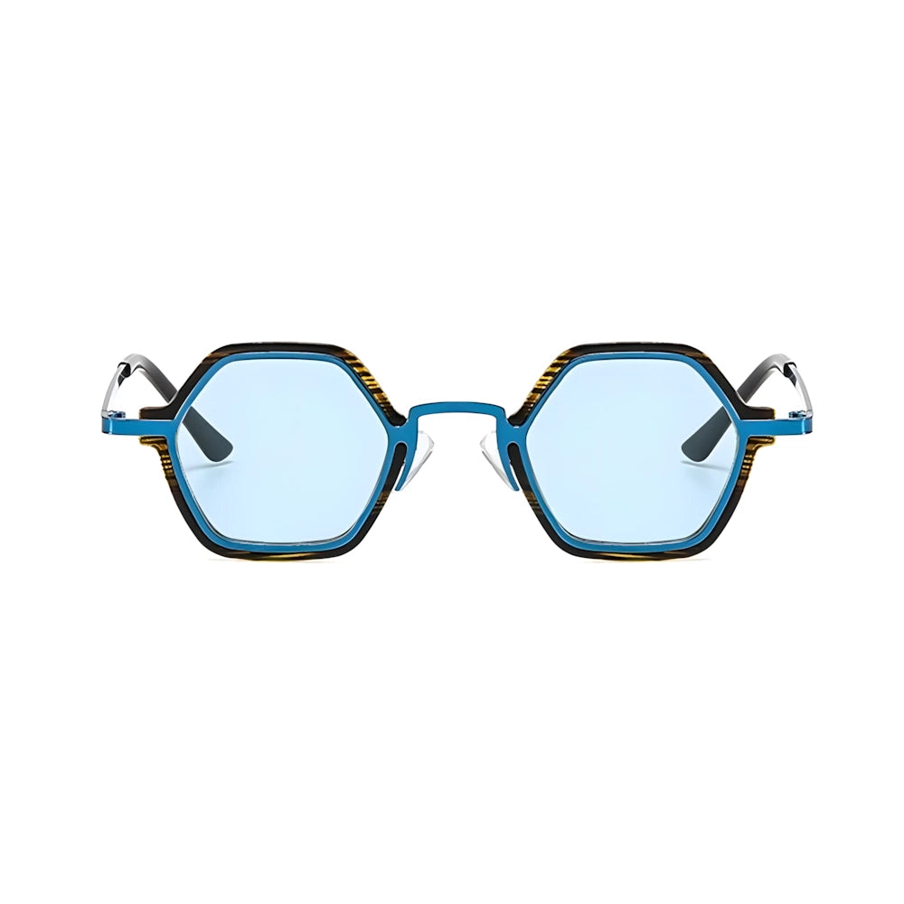 Small hexagonal sunglasses with wood-tone frame and blue polarized lenses, front view — HARO Cap-Ferrat 1925