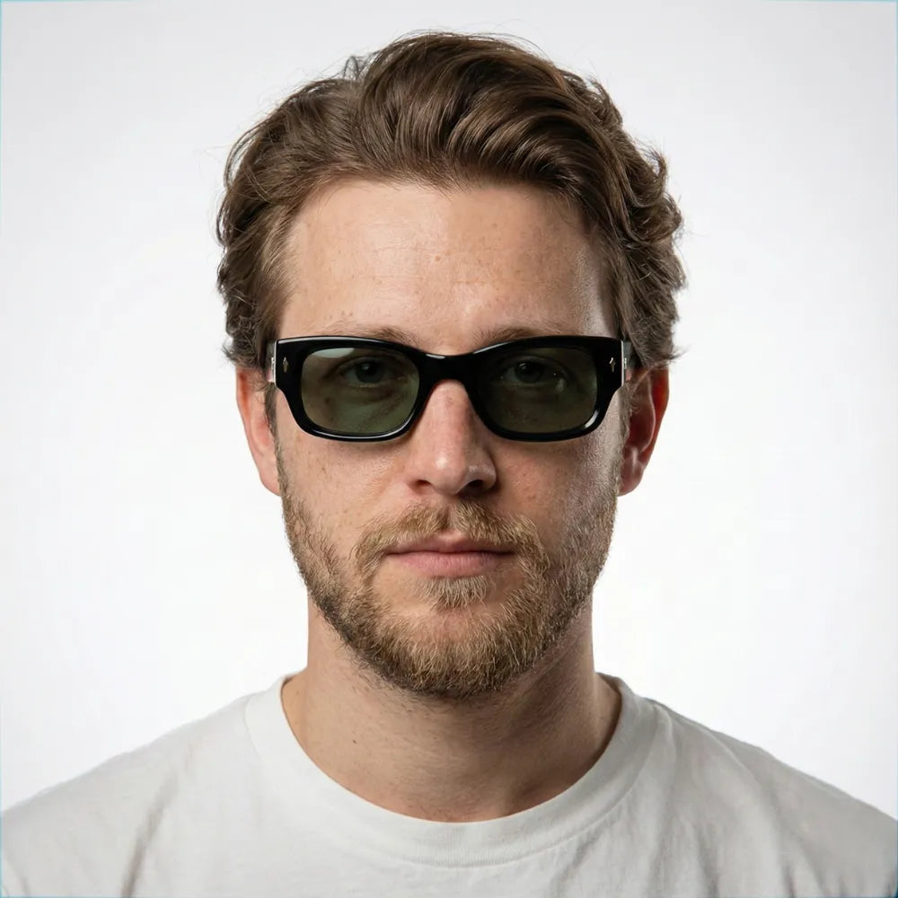 Bold rectangular acetate sunglasses, model portrait — HARO Cinque Terre Manarola
