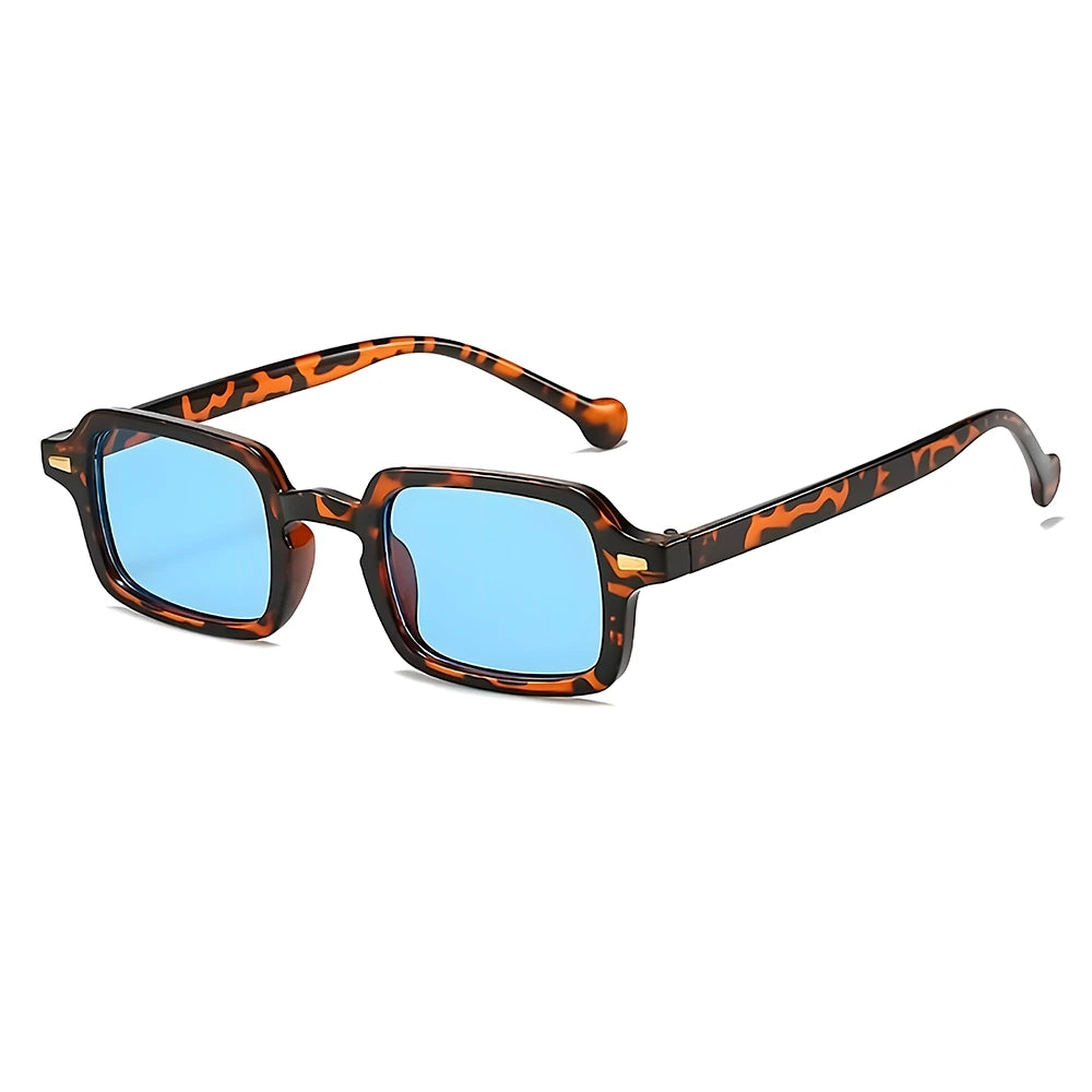 Rectangular acetate sunglasses with tortoise frame and blue lenses, side angle — HARO Dolcevita Portofino