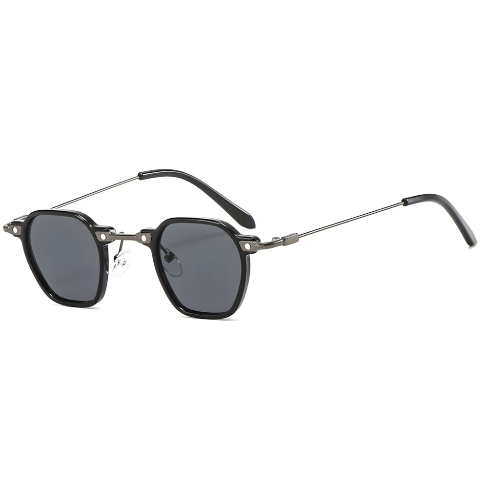 Hexagonal metal sunglasses with black frame and black lenses, side angle — HARO Porto Cervo
