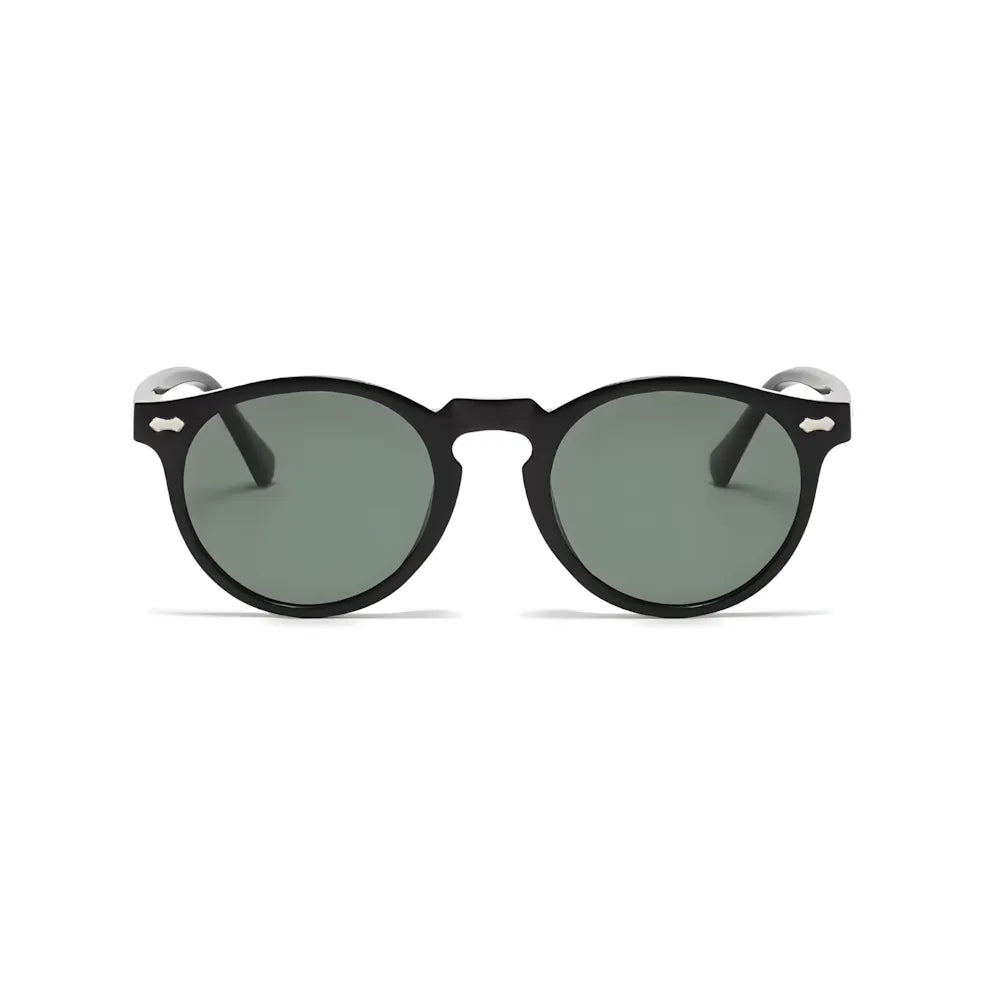 Vintage round sunglasses with black frame and green polarized lenses, front view — HARO Ravello Infinity