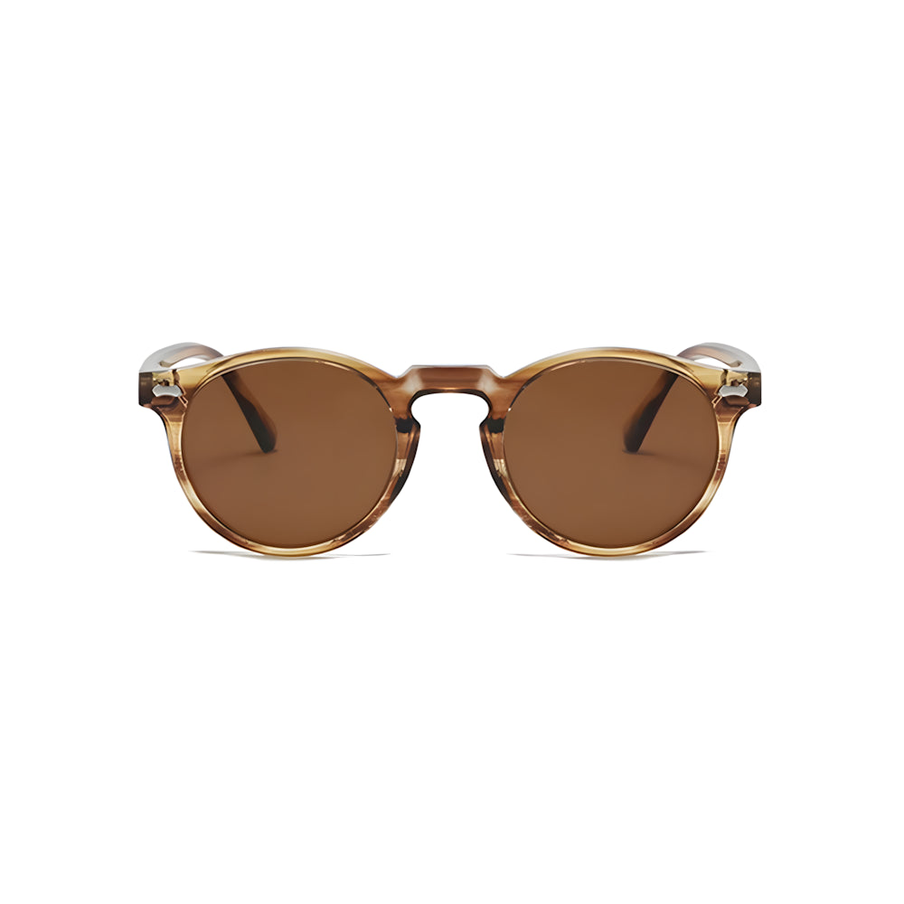 Vintage round sunglasses with champagne frame and brown lenses, front view — HARO Ravello Infinity