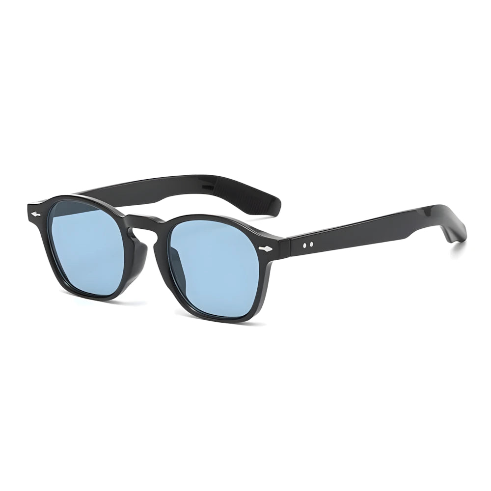 Square sunglasses with black frame and blue lenses, side angle — HARO Riviera 1962
