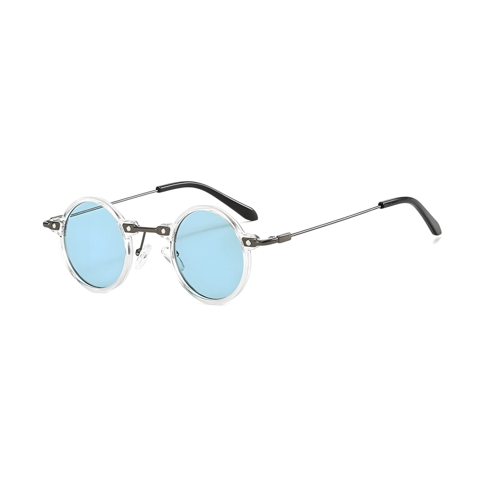 Round sunglasses with crystal frame and blue lenses, side angle — HARO Sanremo 1947