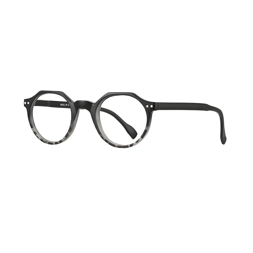 Round blue-light glasses with tortoise black/white frame, side angle — HARO Sils Maria