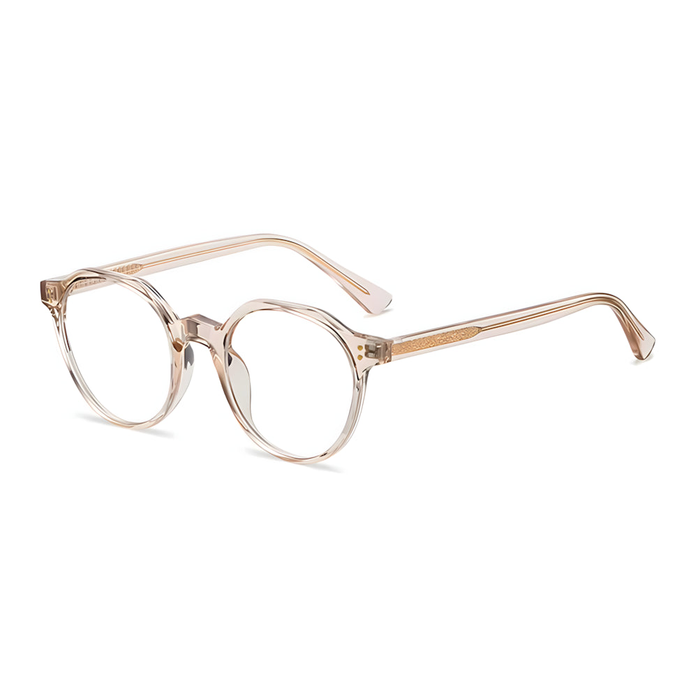 Narrow blue-light glasses with champagne frame and gold accents, side angle — HARO St. Moritz '19