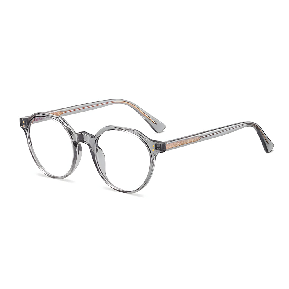 Narrow blue-light glasses with gray frame and silver accents, side angle — HARO St. Moritz '19