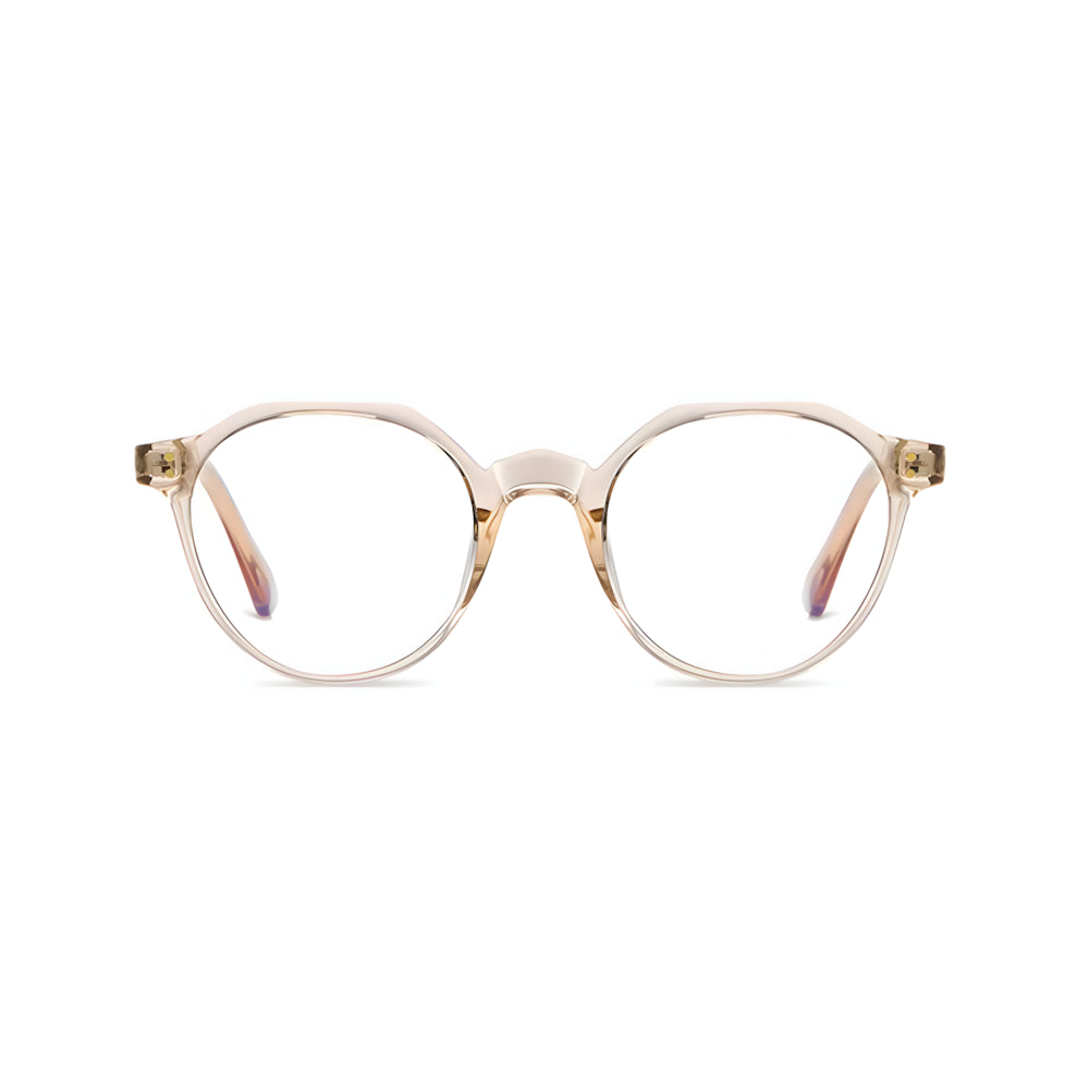Narrow blue-light glasses with champagne frame and gold accents, front view — HARO St. Moritz '19