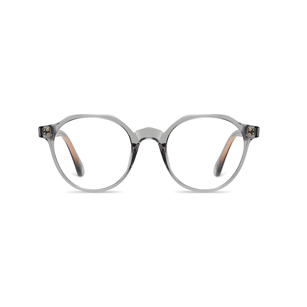 Narrow blue-light glasses with gray frame and silver accents, front view — HARO St. Moritz '19