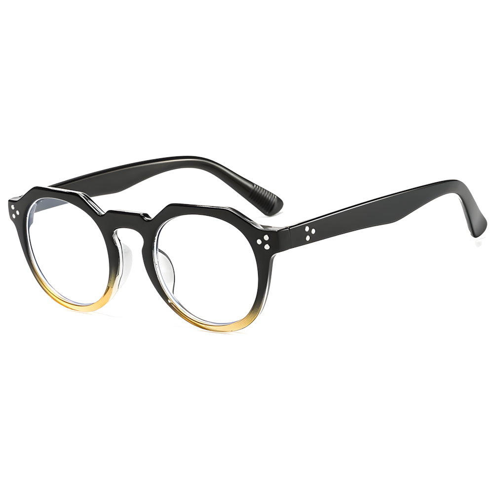 Rectangular blue-light glasses with black frame and yellow detail, side angle — HARO Zermatt 1865